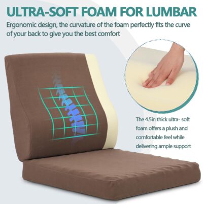 Shinnwa Lumbar Support Pillow for Recliner, Ultra-Soft Foam Back Support Pillow and Egg Crate Foam Seat Cushion 2-in-1 for Couch, Office Chair, for Back Pain Relief, Brown - Image 3