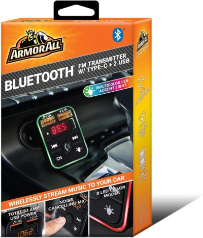Armor All Bluetooth FM Transmitter for Car Cigarette Lighter, Hand Free Call with Built in Noise Canceling Microphone & Answer/Hang-up Button, 2 USB-A Ports, USB-C Port, Flash Drive Port, 8 LED Modes - Image 9