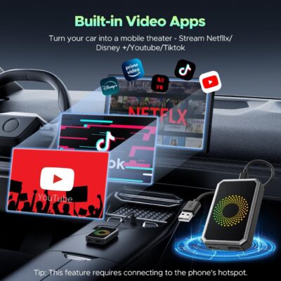LAMTTO 3-in-1 Magic Video Box for Streaming Netflix/YouTube/TikTok, Wireless Carplay Adapter Dongle with USB Drive for OEM Wired Apple Car Play and Android Auto Cars - Image 3
