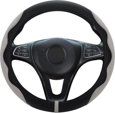 HighnessHwoo Luxury Suede Steering Wheel Cover for Cars, Soft Leather Padded Wheels Cover for Sedan, SUV, Thin Car Handle Cover, Universal Fit, Anti Slip, 14.75-15.15in, Gray - Image 3