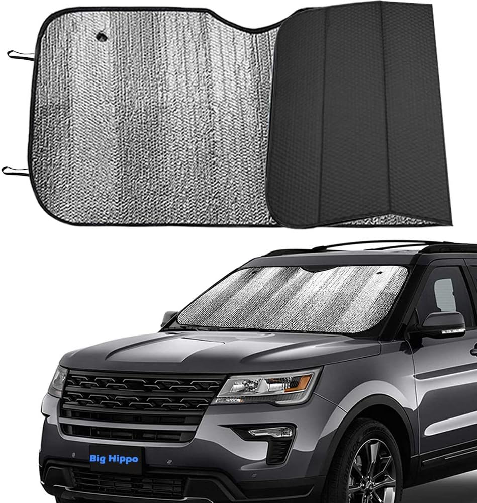 71zQscM9LrL._AC_SL1000_.jpg Big Hippo Front Car Sun Shade Windshield, Jumbo/Standard Sunshade Keeps Vehicle Cool UV Ray Sun Visor Protector Sunshades - Easy to Use Folding Sun Shade - Silver/Black Sides(Size: 55.16 X 27.5inch) - Image 1