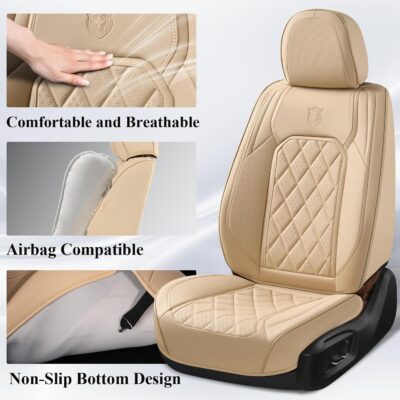 Coverado Car Seat Covers Full Set, Luxury Faux Leather Waterproof Seat Cover, 5 Seat Universal Seat Covers for Cars, Front and Back Car Seat Protector, Beige Leather Seat Cover Fit for Most Cars - Image 5
