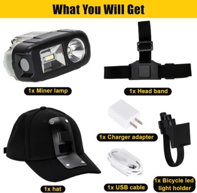 Rechargeable LED Headlamp with Spotlight and Floodlight High Brightness Mining Headlamp Waterproof Hard Hat Light for Hunting, Camping, Night Work, Caving (M60 Miner Lamp Kit+Black hat) - Image 7