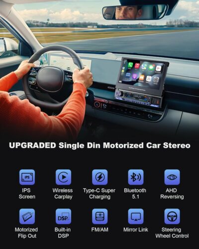 2026 Single Din Car Stereo with Wireless Apple CarPlay & Android Auto, 7-inch HD Motorized Flip Out Touchscreen Head Unit, Upgrade Type-C Fast Charge/USB/Bluetooth 5.1/DSP/AM/FM Radio Receiver - Image 2