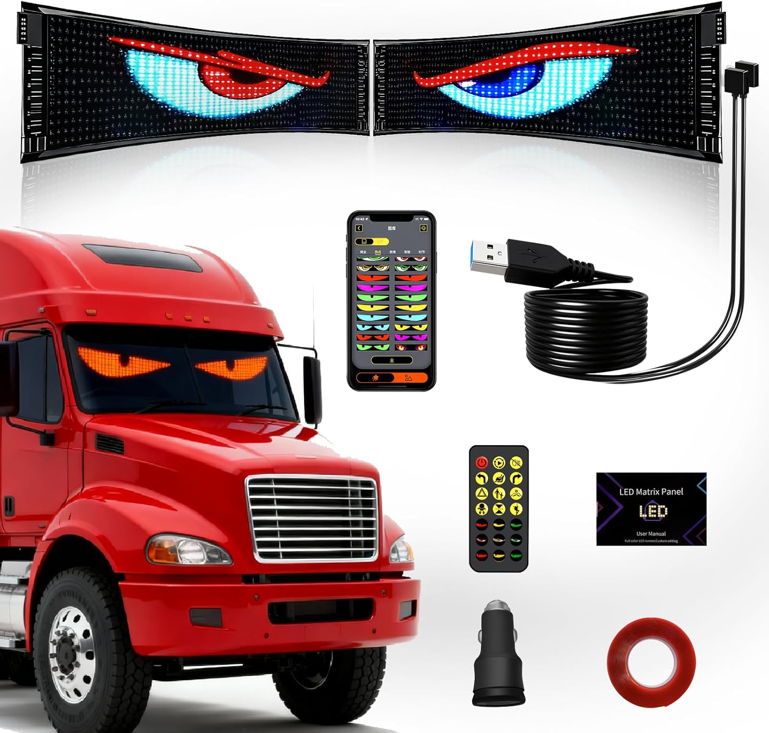 71zuvhjNChL._AC_SL1500_.jpg 2PCs Programmable Scrolling Led Eyes Display, 23.62"x4.72" Flexible Devil Eyes Windshield with Remote and APP Control, Led Sign for Cars/Trucks/SUVs, Customizable Digital Display for Store School Hotel Party - Image 1