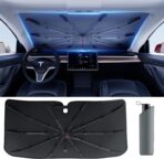 DMJN Umbrella Windshield Sun Shade for Tesla New Model Y Juniper, Y & 3, Car Sunshade for Front Windshield [Nano Ice-Crystal Coatings] UPF50+ Heat & UV Block, Protect Interior & Keep Cooler