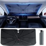 DMJN Umbrella Windshield Sun Shade for Tesla New Model Y Juniper, Y & 3, Car Sunshade for Front Windshield [Nano Ice-Crystal Coatings] UPF50+ Heat & UV Block, Protect Interior & Keep Cooler
