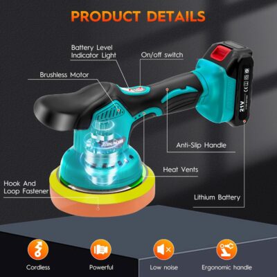 Cordless Car Buffer Polisher Kit with 2x21V Batteries, 6 Inch Car Polisher with 8 Variable Speed Max 6000RPM & 21 PCS Attachments, Buffer Polisher for Car Detailing, Sanding, Scratch Removing - Image 7