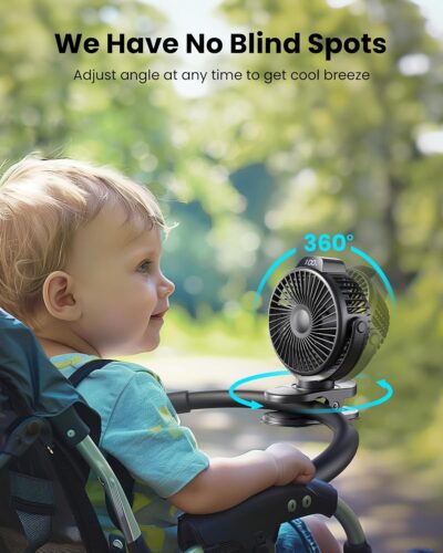 Koonie Portable Clip On Fan, Small Rechargeable Battery Operated, 3 Speed Mini clamp Fan With LED Display, 360° Rotate Personal Cooling Desk Fan for Stroller Bed Travel Camping Golf Gym - Image 6