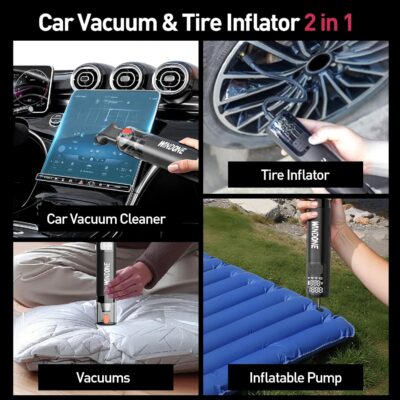 Windone Car Vacuum, 12000Pa 2-in-1 Cleaner & Tire Inflator 150PSI, 60W Brushless Motor, Cordless Handheld Vacuum & Air Pump with Pressure Gauge, LED Light, Multi-Nozzles for Car, Home, Office - Image 6