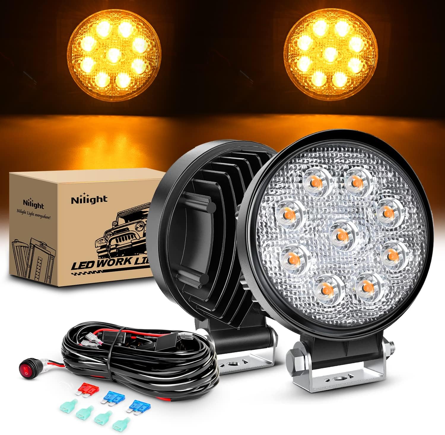 81-F87jU2EL._AC_SL1500_.jpg Nilight LED Light Bar 2PCS 4.5 Inch 27W Amber Pods Round Spot Lighting Off Road Fog Driving Roof Bar Bumper for SUV Truck with 16AWG Wiring Harness Kit 2 Leads - Image 1