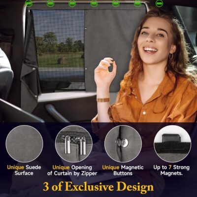Car Window Shades, 2 Pack Suede Fabric & Dual-Layer with Zipper Magnetic Sun Shade Curtain for Back Side Windows, Universal Fit for SUV/Sedan/Truck Back Window Privacy, Blackout Sunshade for Baby - Image 4