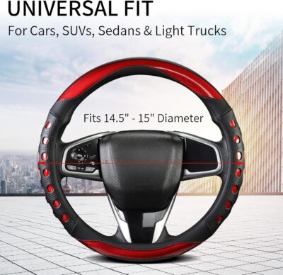 PU Leather Car Steering Wheel Cover with Anti-Slip Grip, for Women and Men, Universal Fit for 14.5-15 Inch Cars, Trucks, SUVs (Red (Round), Medium(Standard) Size[14 1/2''-15'']) - Image 3