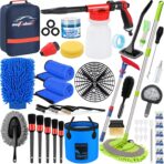 AUTODECO 44Pcs Car Wash Detailing Kit Cleaning Kits with Foam Gun Sprayer Wash Mop with Long Handle Collapsible Bucket Large Wash Mitt Towels Complete Interior Exterior Car Washing Supply Set Blue