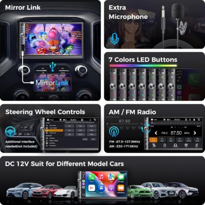 Double Din Car Stereo with 7" HD Touchscreen, Wireless Apple Carplay & Android Auto, Bluetooth, 240W, SWC, Subwoofer Output, Mirror Link, FM/AM Car Radio Receiver, Backup Camera - Image 5