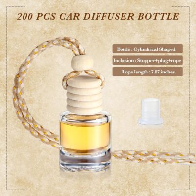 BBTO 200 Pcs Hanging Car Diffuser Bottles Bulk, Empty Clear Glass Air Freshener Bottles with Wooden Cap for Perfume Essential Oils Fragrance Aromatherapy Ornament(Cylinder) - Image 3