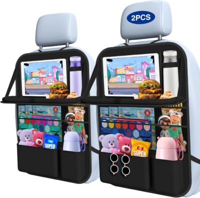 Car Backseat Organizer with Table Tray(2-Pack) 9 Storage Pockets Backseat Car Organizer and storage with Tablet Holder, Kick Mats Back Seat Cover for Kids family Road Trip Essentials Travel - Image 9