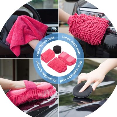 AUTODECO 22Pcs Car Wash Cleaning Tools Kit Car Detailing Set with Canvas Bag Pink Collapsible Bucket Wash Mitt Sponge Towels Tire Brush Window Scraper Duster Complete Interior Car Care Kit - Image 4