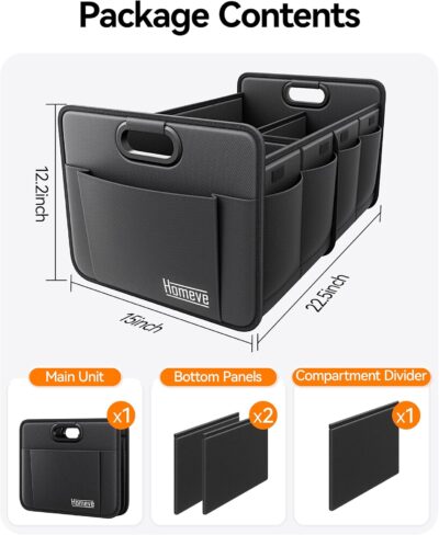 Homeve Trunk Organizer, Car Storage, Reinforced Handles, Collapsible Multi-Compartment, Foldable, Waterproof, Sturdy, 600D Oxford Polyester For Car, SUV, Mini-Van, Black, 2 Compart - Image 9