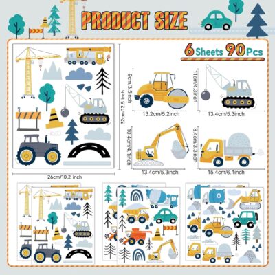 Construction Wall Stickers - 6 Sheets 90 Pcs Construction Themed Trucks Excavator Crane Wall Decals Peel and Stick Wall Decors for Kids Baby Bedroom Boys Room Nursery Playroom - Image 4