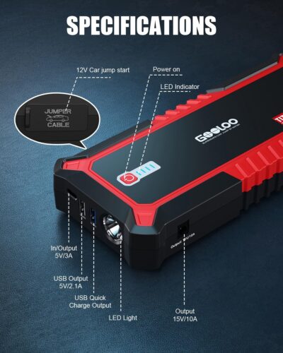 GOOLOO Upgraded GP3000 Jump Starter 3000A Peak Car Starter (Up to 9L Gas or 7L Diesel Engine) 12V Jump Box Auto Lithium Battery Booster SuperSafe Portable Power Pack with USB Quick Charge, Type-C Port - Image 6
