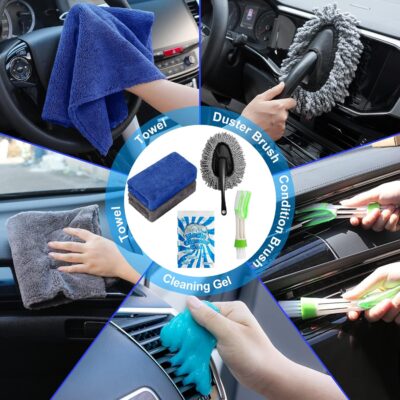 AUTODECO 20Pcs Car Cleaning Wash Kit Interior Detailing Cleaner Kit with High Power Handheld Vacuum, Brush Set, Windshield Tool, Duster, Towels, Complete Car Care Tools, Blue - Image 6