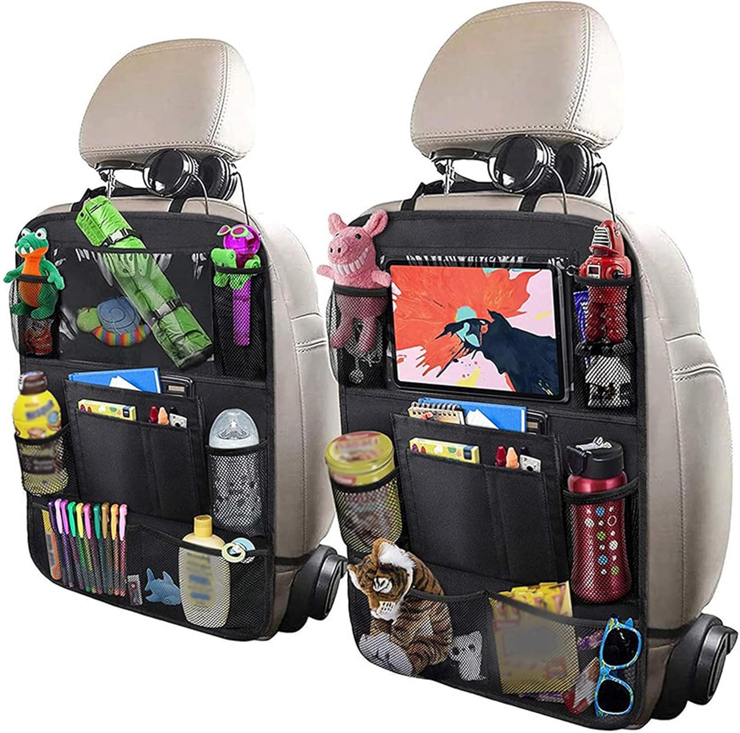811eAR86OcL._AC_SL1500_.jpg Aokdom 2PCS Car Seat Back Organizer,Extra Large Capacity Car Seat Organizer with 6 Mesh Pocket,2 Cup Holder & 4 Storage Bag,Road Trip Essentials for Kids & Adults - Image 1