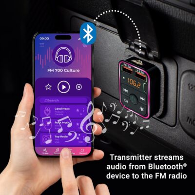 Armor All Bluetooth FM Transmitter for Car Cigarette Lighter, Hand Free Call with Built in Noise Canceling Microphone & Answer/Hang-up Button, 2 USB-A Ports, USB-C Port, Flash Drive Port, 8 LED Modes - Image 7