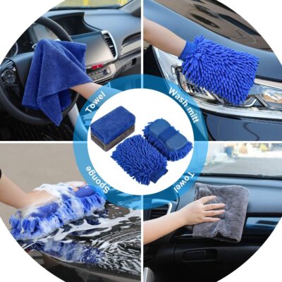 AUTODECO 22Pcs Car Wash Cleaning Tools Kit Car Detailing Set with Olive Green Canvas Bag Collapsible Bucket Wash Mitt Sponge Towels Tire Brush Window Scraper Duster Complete Interior Car Care Kit - Image 4