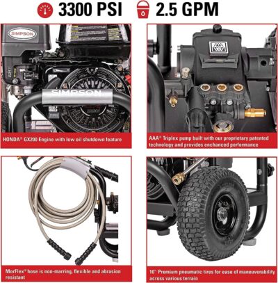 SIMPSON Cleaning PS3228 PowerShot 3300 PSI Gas Pressure Washer, 2.5 GPM, Honda GX200 Engine, Includes Spray Gun and Extension Wand, 5 QC Nozzle Tips, 5/16-inch x 25-foot MorFlex Hose, 49-State - Image 2