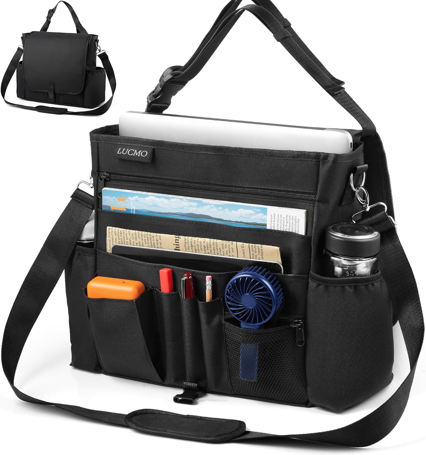 81200kbktFL._AC_SL1500_.jpg LUCMO Car Seat Organizer with Tablet and Laptop Compartment, Multiple Pockets Truck Front Seat and Backseat Organizer, Portable Large Capacity Office Bag with Adjustable Strap and Hardened Buckles - Image 1