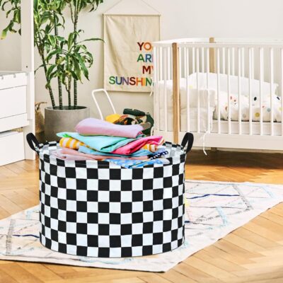 Checkered Storage Basket Extra Large 80L Kids Hamper Baby Laundry Basket Waterproof Toys Car Organizer Collapsible Canvas for Home/Dorm/Pet/Office/Closet/Shelf/Gift Baskets - Image 6