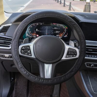 Amiss Car Steering Wheel Cover, 14.5"-15" Comfortable Anti-Slip Safety Protection Design, Microfiber PU Leather Steering Wheel Cover, Universal Fit for 95% Cars, Car Interior Accessories (Black) - Image 4