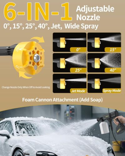 Cordless Pressure Washer Battery Powered; 1100PSI 2.4 GPM Portable Cordless Power Washer with 6-in-1 Nozzle, Foam Cannon, 21V Battery; Handheld Pressure Washer (Resilient Yellow) - Image 4