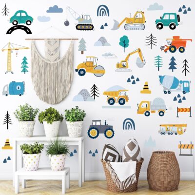 Construction Wall Stickers - 6 Sheets 90 Pcs Construction Themed Trucks Excavator Crane Wall Decals Peel and Stick Wall Decors for Kids Baby Bedroom Boys Room Nursery Playroom - Image 3