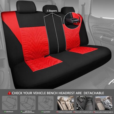 CAR PASS Car Seat Covers Full Sets, Front & Split Rear Bench for Car, 3D Tyre Embossed Automotive Interior Covers, Airbag Compatible, Quick Setup Universal Fit Seat Covers for Car, SUV(Black Red) - Image 3
