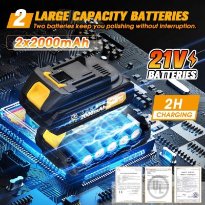 Cordless Car Buffer Polisher kit [2x 2000mAh 21V Batteries & 18 PCS Attachments] 6-Speed Orbital Design, LED Display, Lightweight Detailing Tool for Waxing, Polishing & Scratch Removal-Yellow - Image 3