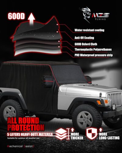MZS Cab Cover Compatible with Wrangler TJ YJ 2 Door 1986-2006, 600D Waterproof Wrangler Cover with Mirror Pocket 6 Gust Hook Car Half Covers Windproof Sun Snow Rain Scratch Protection - Image 2