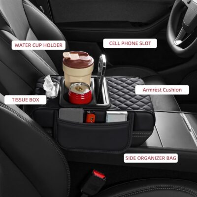 5 in 1 Car Center Console Cover, Armrest Pad with 2 Storage Pockets, Cup Holder, Tissue Box Slot, Phone Holder, Universal Car Interior Organizer (Black) - Image 2