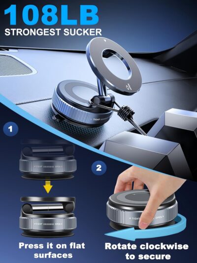 Upgraded 360° Nano Gel Vacuum Magnetic Phone Holder, 108+LBS Heavy Duty Suction Cup Phone Mount for Car Dashboard & Windshield, 3000gf MagSafe Compatible with iPhone 17/16 Pro Max - Image 3