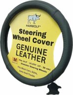 Steering Wheel Cover, Black, Real Genuine Leather, 15 inch, for Men and Women, Universal, Stretch On, Heat Resistant, Stays Cool, Non-Slip, HANWOLF