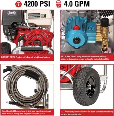 Simpson 4200 PSI Gas Pressure Washer, 4.0 GPM Commercial Power Washer, Cold Water, Honda GX390 Engine, 50' Hose, Aluminum Series, 49-State Compliant (ALH3228-S) - Image 2