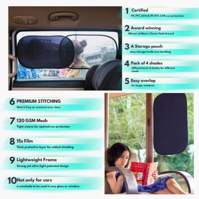 Car Window Shades - Certified 99.79% UVA & 99.95% UVB Sun Protection. Award Winning car Sun Shade for Side Windows. 4 Pack Semi Transparent 20" x 12" - Car Accessories Interior by Kinder Fluff - Image 3