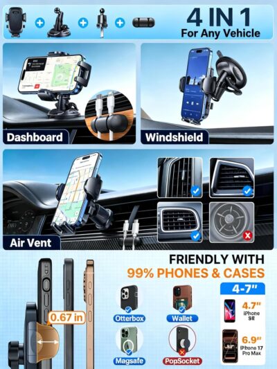 [Military-Grade Anti-Shake & 360° Rotatable Suction] 2026 Upgraded Car Phone Holder Mount【90+LBS Safest Strongest & Patent Certs】Dashboard Windshield Vent for iPhone 17 16 Pro Max Samsung,Matt Black - Image 6