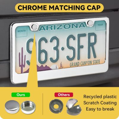 Premium Chrome License Plate Frames with 2 Anti-Scratch Pads & 4 Tire Valve Caps, Heavy Duty Rust-Free Chrome License Plate Frame 2 Pack for Women & Men, 2 Holes Universal Fit for Cars & Trucks - Image 2