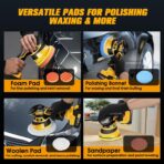 Cordless Car Buffer Polisher kit [2x 2000mAh 21V Batteries & 18 PCS Attachments] 6-Speed Orbital Design, LED Display, Lightweight Detailing Tool for Waxing, Polishing & Scratch Removal-Yellow - Image 6