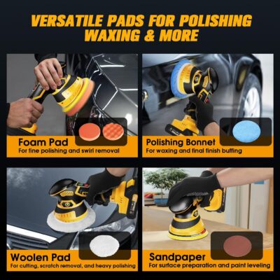Cordless Car Buffer Polisher kit [2x 2000mAh 21V Batteries & 18 PCS Attachments] 6-Speed Orbital Design, LED Display, Lightweight Detailing Tool for Waxing, Polishing & Scratch Removal-Yellow - Image 6