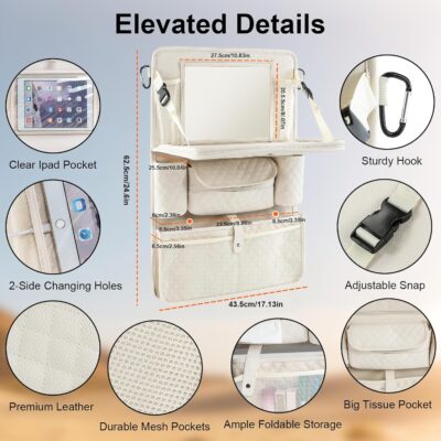 Car Backseat Organizer with Foldable Table Tray - 11 Storage Pockets PU Leather Back Seat Organizer with Tablet Holder, Seat Back Protector for Kids Family Road Trip Travel Accessories (Beige) - Image 4
