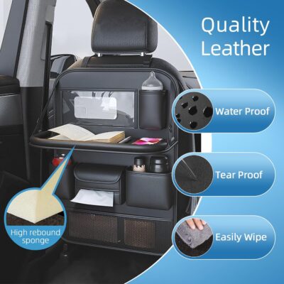 Primst 2 Pack Leather Car Backseat Organizer with Foldable Table Tray, Car Storage Organizer with Tablet Holder, Car Seat Back Protectors Kick Mats Travel Accessories - Image 3