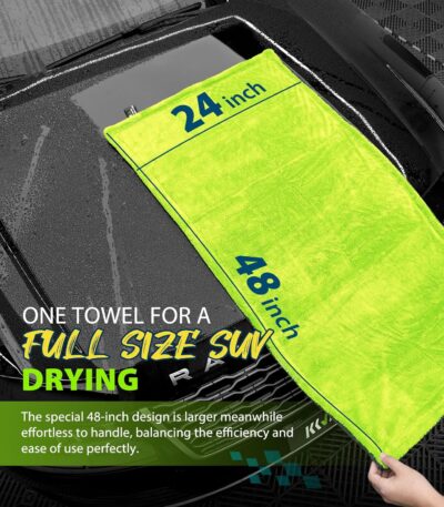 KKV Full-Sized SUV Drying Towel, 48”x24” Dual Sided Microfiber Car Cleaning Towel with Twisting Yarn Technique, 1400GSM Super Absorbent, Scratch-Free, Machine Washable (Darkgray-GreenYellow) - Image 2